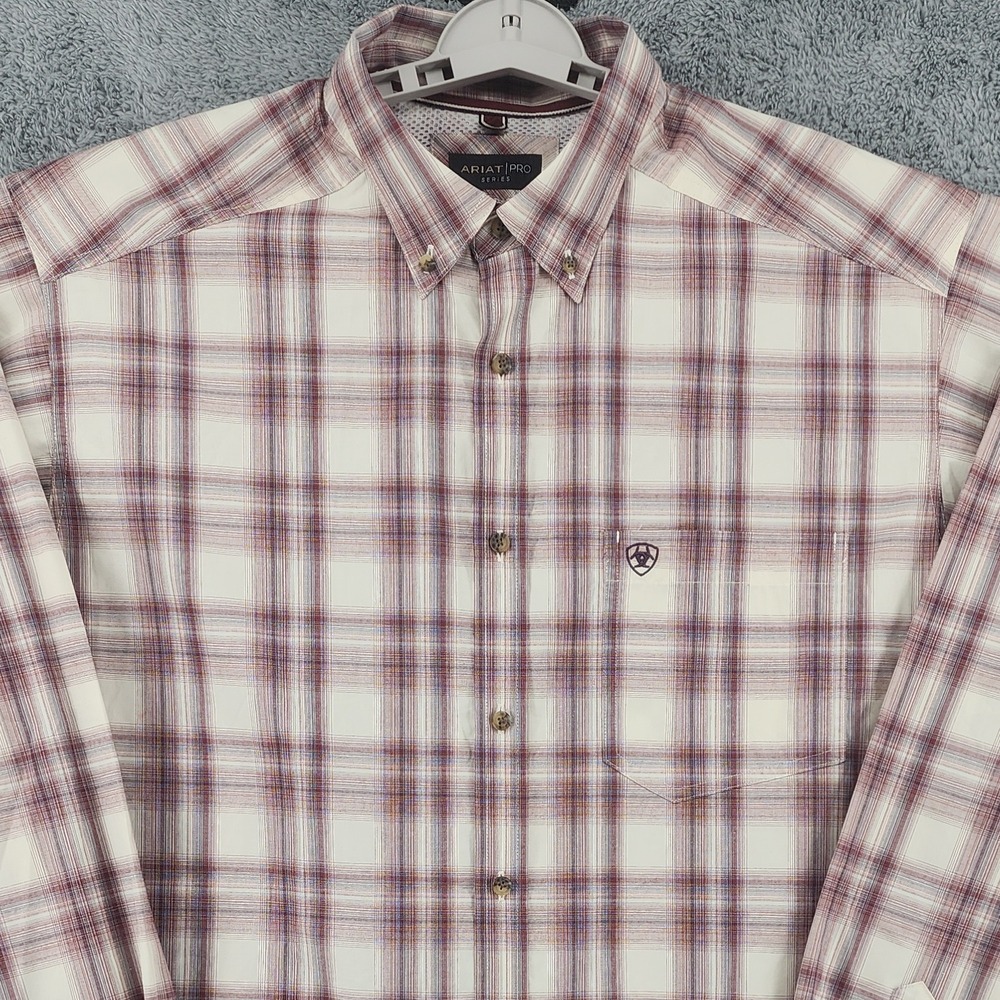 Ariat Shirt Mens XL Tall Cream Burgundy Plaid Check Pro Series Tobias Western